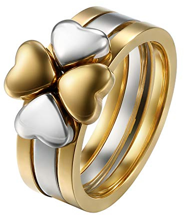 JewelryWe Schmuck 3in1 Damen-Ring Edelstahl Liebe Herz Klee vierblättriges Kleeblatt Glücksklee Verlobungsringe Hochzeit Versprechen Ringe Band mit Gravur Gold Silber Größe 52
