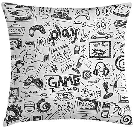 ABAKUHAUS Videospiele Kissenbezug, Sketch Stil Gaming, Digitaldruck Waschbar Farbfester Kopfkissenhülle Reißverschluß Beidseitiger Druck, 40 x 40 cm, Weiß Grau