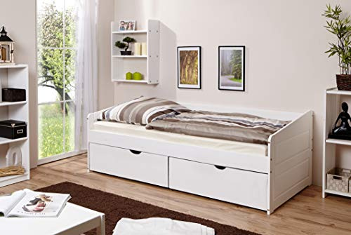 TiCAA Einzelbett Sofabett Funktionsbett, Micki mit Schubkasten für Schlafzimmer, Kinderzimmer Buche Massivholz Bettgestell 90 x 200 cm
