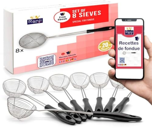 Ranji® - 8 Mini Fonduesiebe & Fondue-Ösen aus Edelstahl – Perfekt für Chinesisches Fondue, Käsefondue, Fleischfondue & Schokoladenfondue – Auch als Sieb für Frittieren & Bubble Tea Geeignet