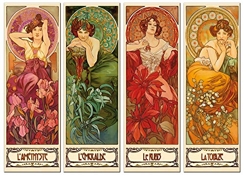 1art1 Alphonse Mucha Poster Die Vier Edelsteine, 1900, 4-Teilig Bilder Leinwand-Bild Auf Keilrahmen | XXL-Wandbild Poster Kunstdruck Als Leinwandbild 120x90 cm