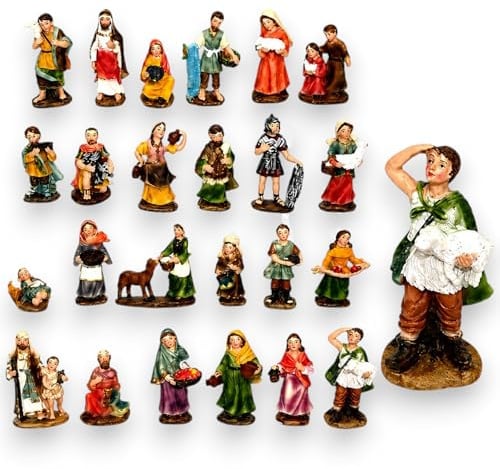 Aurora Store Set 24 Statue Presepe economiche per Realizzare Presepi di Natale Napoletano Statuine Pastori in Resina dipinte a Mano Personaggi Mestieri Contadini Figure Diverse 7 8cm