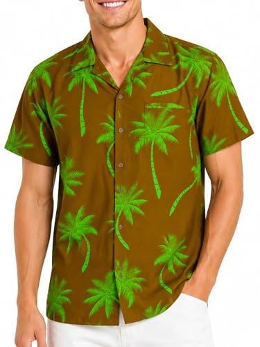 King Kameha Funky-Hawaii-Hemd, Herren, Kurzarm, Palm-Shadow, Mustard-Grün, XL