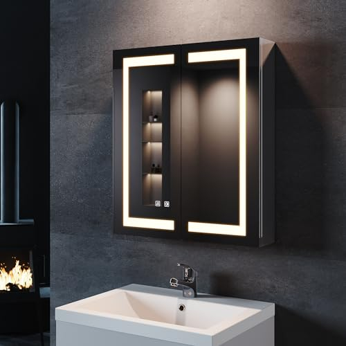 SONNI Spigelschrank mit Beleuchtung 60x70cm beschlagfrei Badspiegelschrank mit Rasiersteckdose und Touch-Schalter Edelstahl Badezimmer-Spiegelschrank