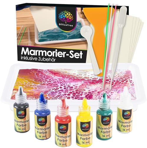 OfficeTree 6x 16ml Marmorierfarbe Set inklusive Zubehör - Ebru Set - Marmorierfarben zum tauchen - Water Marble Painting Set - Wassermarmorierset Kinder - Marbling Paint - Mamorierfarbenset Kinder