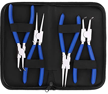 Sprengringzangen Satz, 4-Tlg Seegering Zangen Seegeringzange Set, 175mm Sicherungsringzange Professionelle Rutschhemmend Sprengringzange mit Taschen, Gebogen Gerade Seegeringzange Innen Außen