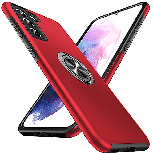 Anqrp Hiddenian Serier Kompatibel mit Samsung Galaxy S21 Hülle 5G, [Eingebetteter Ständer] [Militärischer Vollschutz] Magnet Handyhülle für Samsung Galaxy S21 mit Ring, Rot