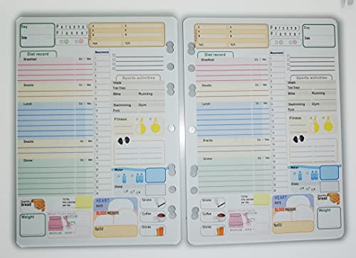 Food Diary Fitness-Planer, 14,5 x 20,5 cm, 50 Sheets (100 Tage) Universal A5 Size Punched Inserts Filler Paper Pages for 2, 3, 4, 6 Ring binder - English