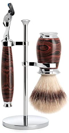 MÜHLE Rasierset, 3-teilig, Rasierpinsel mit Silvertip Fibre, Handarbeit, 5-Klingen-Rasierer, kompatibel mit Gillette Fusion, Ständer aus Metall, verchromt, Griffe aus Ebonit/Metall, verchromt