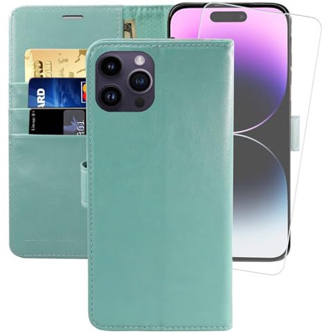 MONASAY Wallet Case for iPhone 14 Pro Max 5G,6.7-inch,[Glass Screen Protector Included] [RFID Blocking] Flip Folio Leather Cell Phone Cover with Credit Card Holder for Apple iPhone 14 Pro Max,Mint