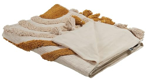 Beliani Kuscheldecke Baumwolle mit Muster beige/orange Quasten 130 x 180 cm Mathura