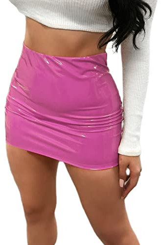 YILEEGOO Mini jupes moulantes en similicuir effet mouillé pour femme, rose, 36