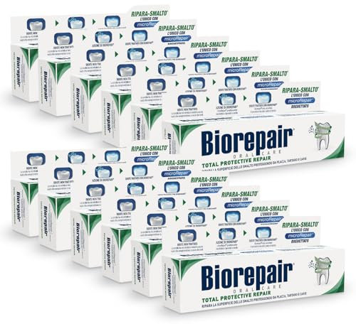 Biorepair, Dentifricio Total Protective Repair, 12 Confezioni da 60 ml, Ripara lo Smalto, Protegge da Placca, Tartaro e Carie, Ripara lo Smalto, Mantiene l'Alito Fresco, Dentifricio Senza Fluoro