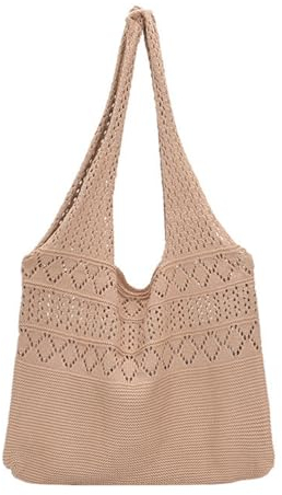 Kichvoe GehäKelte Einkaufstasche, Boho-Strandtasche, Gestrickte UmhäNgetasche, GroßE KapazitäT, Khaki, FüR Reisen, Einkaufen, Arbeit, Geschenkideen FüR Frauen