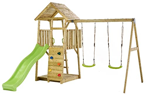 Kangui Aire de Jeux portique en Bois WOODI - Double balançoire, Toboggan, Mur d'escalade, bac a Sable, cabane, échelle