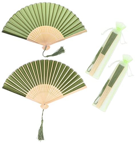 Vaktop Handfächer, 2er Klein Handfächer aus Stoff für eine Abkühlung im Sommer, Faltbar Handfächer mit Quaste und Fan-Tasche - für Hochzeite Bevorzugung Aufführung Tanz Dekoration (Grün)
