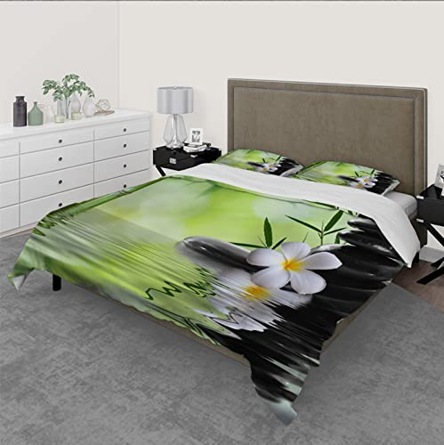 SAISEMIHOME Zen Garten Bambus Stein weiße Blume Bettwsche Sets 3 Stück Bettwäsche Set Mikrofaser Bettdecke Bezug atmungsaktiv weich für alle Jahreszeiten 155x220cm