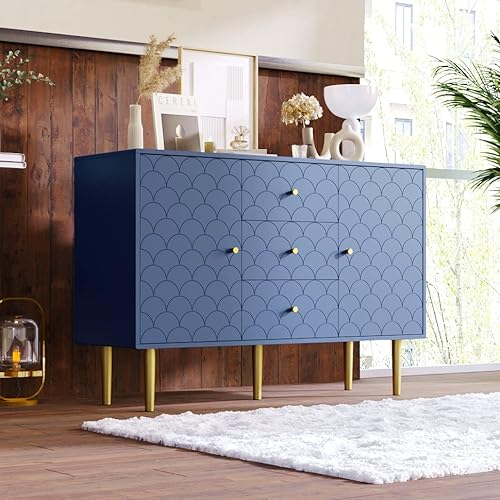 Modern Sideboard Kommode mit 2 Türen und 3 Schubladen, Marineblau Sideboard mit Goldene Beine und Verstellbare Ablage für Wohnzimmer Schlafzimmer, H82/B120/T40 cm