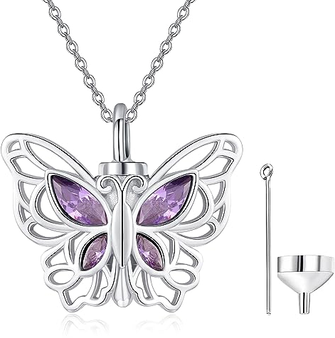 KINGWHYTE Collares de urna para cenizas, plata de ley 925, mariposa, cristal, cenizas, collar con colgante de memoria, joyería de cremación, recuerdo de cenizas con kit de embudo, Plata esterlina,