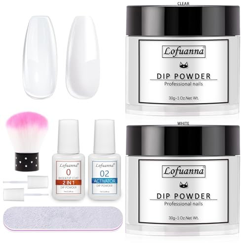 lofuanna Dip Powder Nail Kit-30g Clear&White Dipping Powder Starter Kit with 2 IN 1 Base&Top Coat and Activator,No UV/LED Needed,Easy Apply Nail Art Manicure Set for Beginners