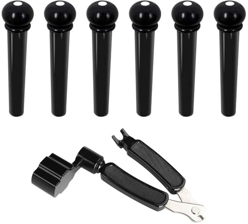 6 Stück Gitarren Brückenstift, 1 Stück Gitarre Pins Puller Gitarre Brücke Pins, 3 in 1 Gitarre Werkzeug für Akustikgitarre Dot Inlay Multifunktions Reparatur Werkzeug für Gitarre, Schwarz