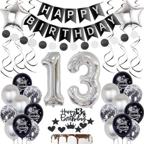 Silber 13. Geburtstag Dekoration Luftballon für Junge und Mädchen - Schwarz Ballon Deko Set mit Tortendeko