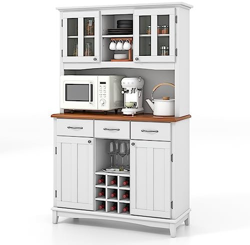 COSTWAY Buffet Cuisine 185 cm, Armoire Cuisine 3 Tiroirs et 4 Placards à Porte, Support pour Micro-Onde, Meuble Cuisine Rangement 3 Compartiments Ouverts, 9 Casiers à Vin (Blanc)