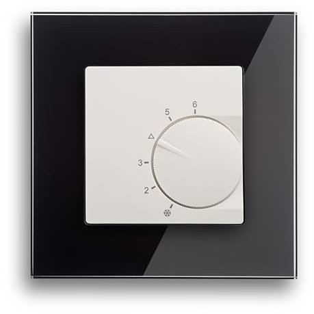 Raumtemperaturregler System Eberle unter Putz polarweiß matt mit Abdeckrahmen Serie Gira (Esprit Glas schwarz)