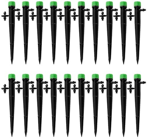 VooGenzek 20 Piezas Gotero de Riego, 360-Grado 8-Agujero Aspersore de Riego Ajustables, Cabezas de Riego para Goteo Goteros Estaca Microtubo Piqueta, para Tubo 4/7 mm, Verde (con Conectore)