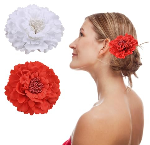 NYGGTYK 2 Stück Haarspangen, Pfingstrosenblüten-Haarspangen, Damen-Haarspangen, Blumen-Haar-Accessoires, Rote Blumen-Krokodilklammern, Damen-Haarschmuck, Chiffon-Blütenblatt-Haarspangen (Rot, Weiß)