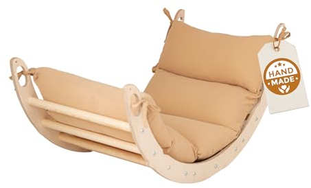 WoodsCraft Kletterbogen mit Kissen - Holz Klettergerüst Indoor - Hypoallergen Kissen für Kletterbogen, Holzwippe, Bogenwippe - Montessori Kletterspielzeug - Baby Klettern Indoor - Wippe Kinder