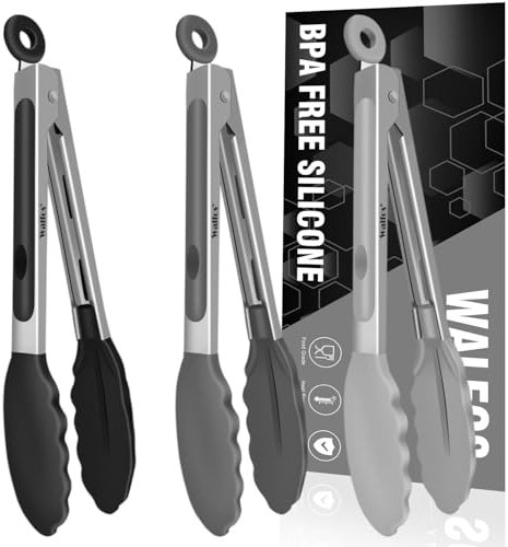 Walfos® Kochzange Hitzebeständige 3 Stücke 18CM, Küchenzange BPA-freie Silikonspitzen, Ideal für Küchenzange(Grau, Dunkelgrau und Schwarz)