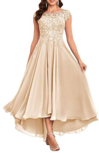 KURFACE Tea Length Mother of the Bride Dresses for Wedding Lace Chiffon Women Formal Evening Gown with Pockets
