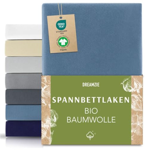 Dreamzie Premium Spannbettlaken 140x200cm bis 160x200cm Blau, Spannbetttuch aus 100% Jersey Biobaumwolle, 150 g/m² - Oeko-TEX