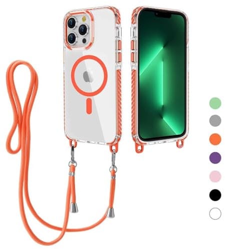 FERLAN Crossbody Lanyard Case for iPhone 16 Pro Max with Strap, Necklace Mobile Phone Case with Mag-Safe Transparent TPU Acrylic Case Cover with Cord Adjustable Lanyard Protective Case -orange
