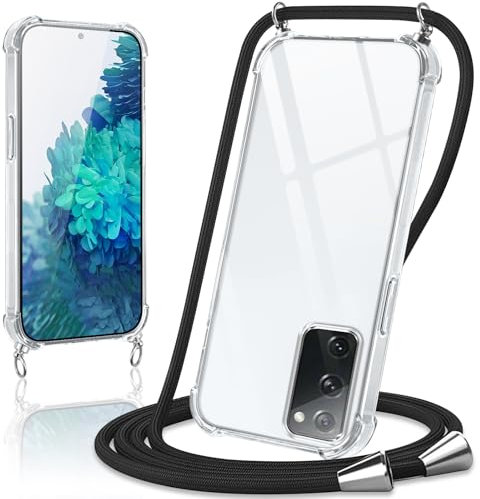 Coiwxmoi Handyband Handyhülle für Samsung Galaxy S20 FE / S20 Lite Hülle mit Band 6,5,Transparent Case mit Kette Abnehmbar zum Umhängen Kordel Schutzhülle,Weich Silikon TPU Stoßfest Cover,Schwarz