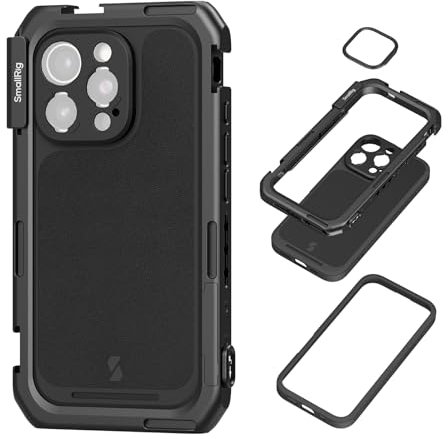 SMALLRIG Jaula de Video Móvil para iPhone 16 Pro MAX, Cage para Teléfono con Carcasa para Teléfono con Placa Posterior de Lente con Montura en T, Soporte para MagSafe, Plataforma de Video - 4827