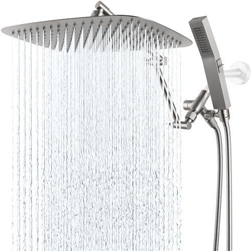 G-Promise 14 inch Full Metal Rain Shower Head with Hand Spray Combination, 3 Position Diverter, Adjustable Extension Arm with Lock Connections, 180 cm Stainless Steel Hose (Brushed Nickel)
