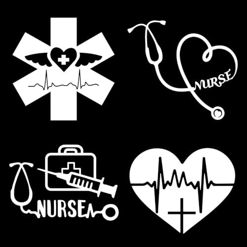 GORGECRAFT 4 Stück 4 Stile Krankenschwester Herzschlag Stoßstangenaufkleber Weißes Herz Stethoskop Lebenslinie Autoaufkleber Wasserdicht Reflektierend Frauen Automobil Außendekor Aufkleber Für SUV LKW