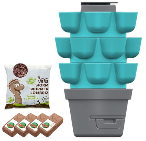 Moutta | WORMgarden Turquoise 3 jardinières + 500gr de vers de Compost | Jardin Potager Vertical avec lombricomposteur | Cultivez Vos Fruits et légumes | Créez Votre Potager et recyclez Vos déchets