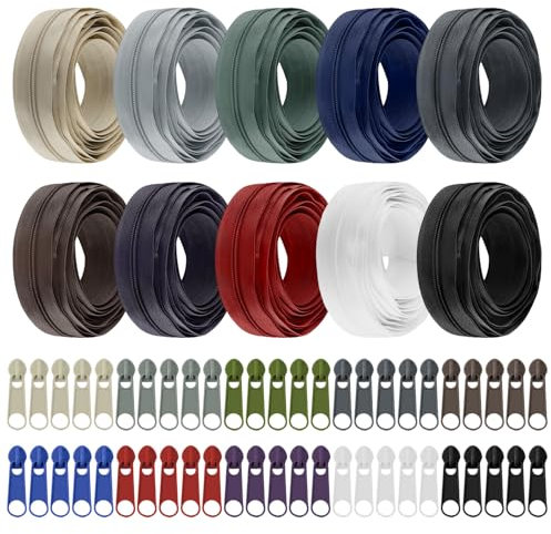 QWORK® Set di cerniere in nylon da 2.6 cm, cerniere a 10 colori con cursore e cerniera,per cucito e artigianato, 30 m totali
