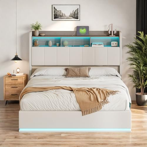 LKPOMI Polsterbett Bett 140 x 200 mit Lattenrost Bettkasten, Jugendbett Bettgestell Stauraum-Kopfteil Bett mit LED Beleuchtung und Aufladen USB, Stauraumbett Doppelbett, Samt, Weiß (Ohne Matratze)