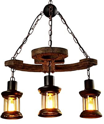 GHBSDNEPP Kreative Hängeleuchte aus Holz in Ankerform, 3 Köpfe, Lampenschirm aus Glas, Kette aus Eisen, Retro-Stil, ländlich, amerikanischer Retro-Stil, dekorative Deckenleuchte