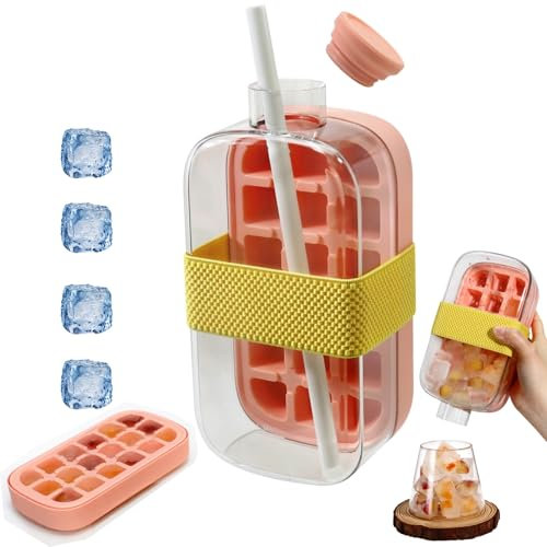 Ice Cube Tray with Straw, 2 in 1 Water Bottle Ice Cube Bottle with Lid & Bin, for Home Outdoor Office Ice Making Freezer Coffee Juice Beverages, 800ml