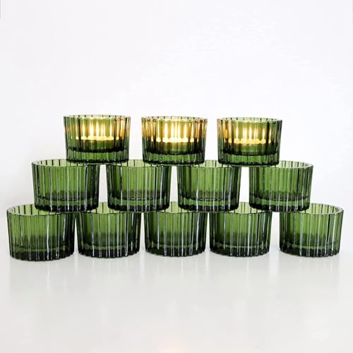 Vohocandle Vert Photophore Verre avec Motif Côtelé, 12 Petits Contenants pour Bougie Chauffe-Plat pour Noël, Vert Bougeoir Verre pour Mariage, Décor Intérieure et Fêtes d'anniversaire (5 cm x 3,5 cm)