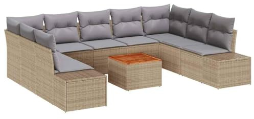 vidaXL 10-teiliges Garten-Sofa-Set mit beigen Kissen aus Poly Rattan und Akazienholz für Outdoor. Wetterfestes Lounge-Set für Deine Terrasse.