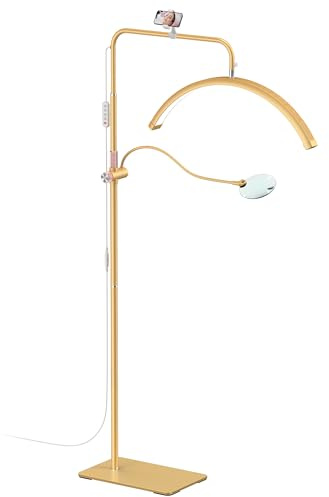 AURELLE Halbmond-Wimpern-Licht – verstellbare LED-Boden-Lampe mit 4-facher Lupe und Handy-Halterung für Wimpernverlängerungen, Nagelkunst, Tattoos, Hautpflege, Salon, SPA, dimmbare Helligkeit