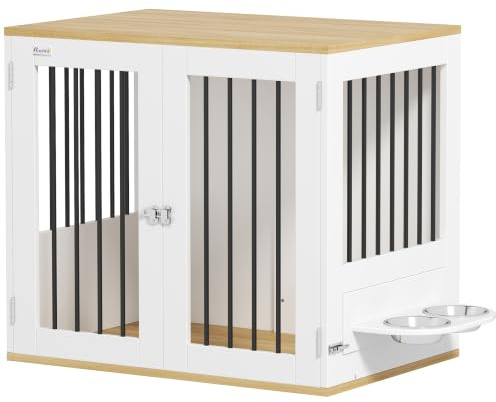 Pawhut Hundekäfig Beistelltisch für mittlere Größe 2 Türen Weiß | Innen-Hundekäfig Möbel, Tierhaus, abnehmbare & 360° drehbare Näpfe