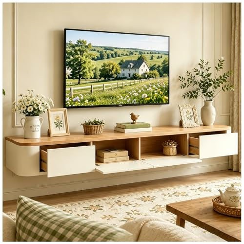 JUNFUNNLE Schwebende TV Schrank 240cm Beige, TV Lowboard Hängend mit 2 Schubladen & 2 Klappen Türen, TV Board Hängend mit Kabelmanagement, Hänge Sideboard für Wohnzimmer und Esszimmer