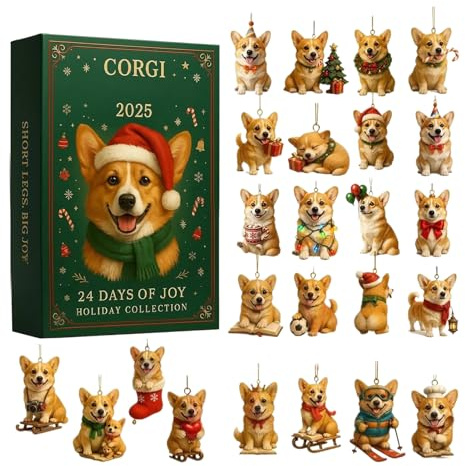 Hunde-Adventskalender 2025, 24 Tage Countdown-Kalenderbox mit 24 2D-Hundeornamenten, Urlaubsgeschenk für Hundeliebhaber/Kleinkinder/Erwachsene